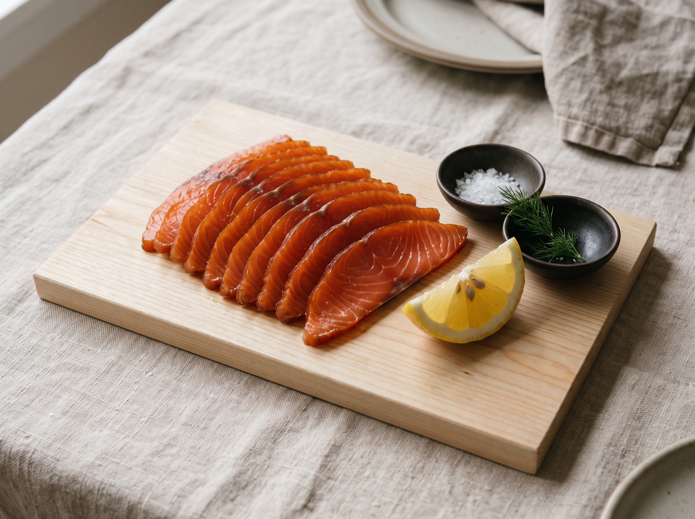木の板に並べたスモークサーモンのスライス